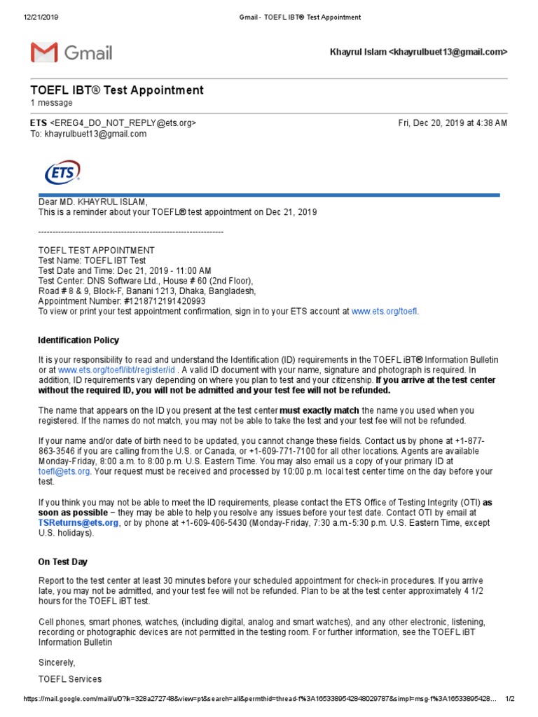 Gmail Toefl Ibt Test Appointment Test Of English As A Foreign Language Identity Document