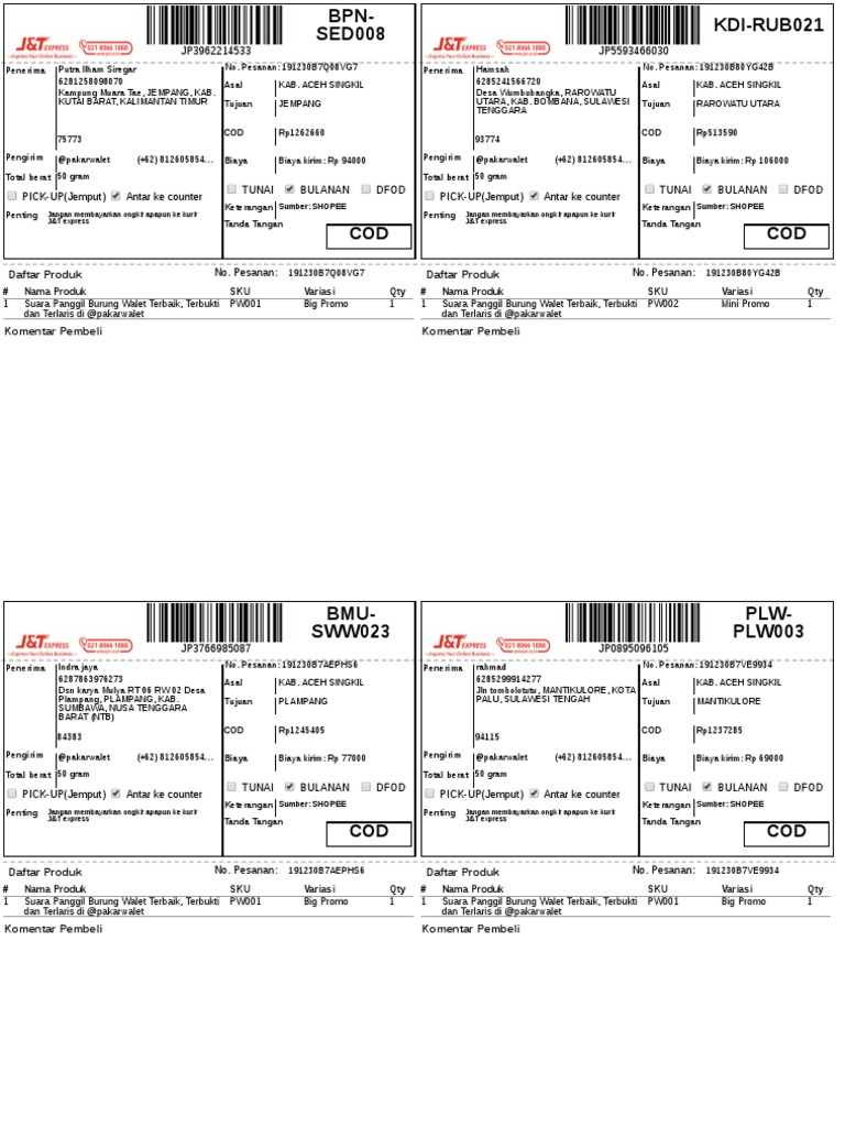 Contoh Resi Cod J T