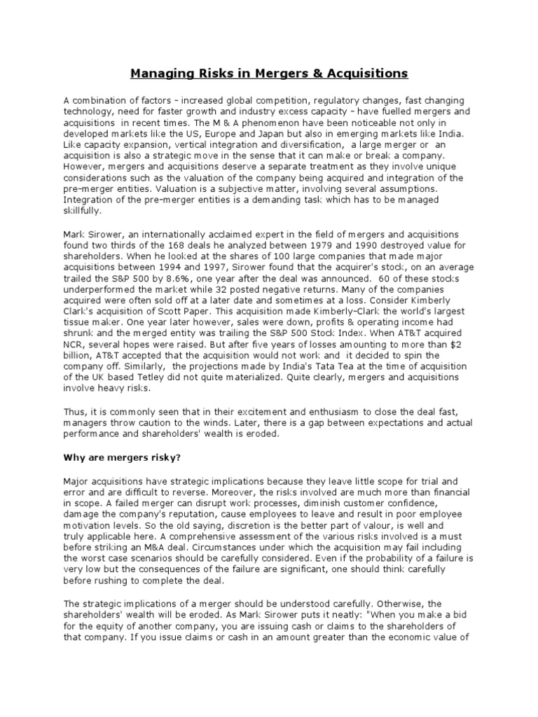 Risks in Mergers & Acquisitions Management | PDF | Mergers And ...