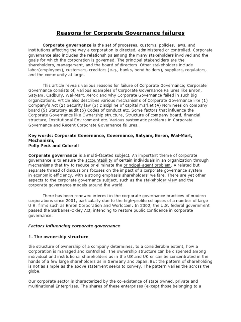 Reasons for Corporate Governance Failures | PDF | Corporate Governance ...