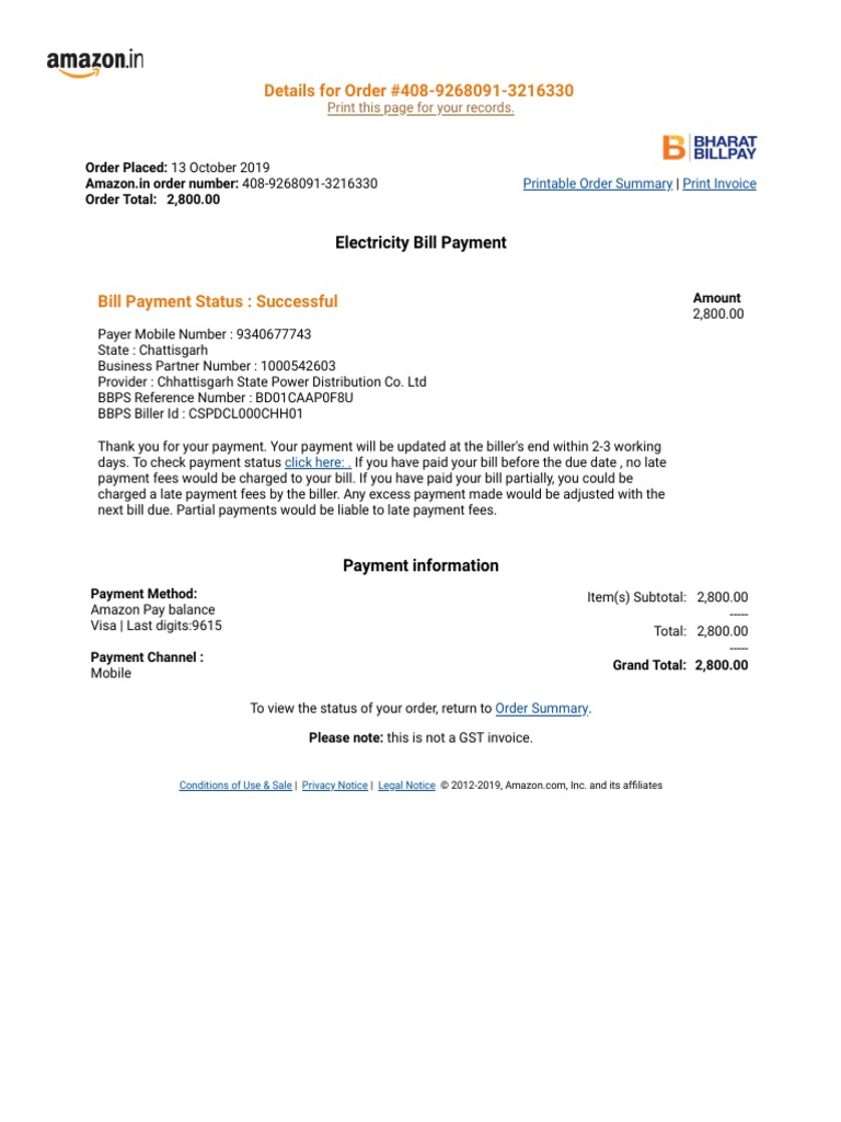 Amazon Electricity Bill Payment Summary | PDF | Invoice | Payments