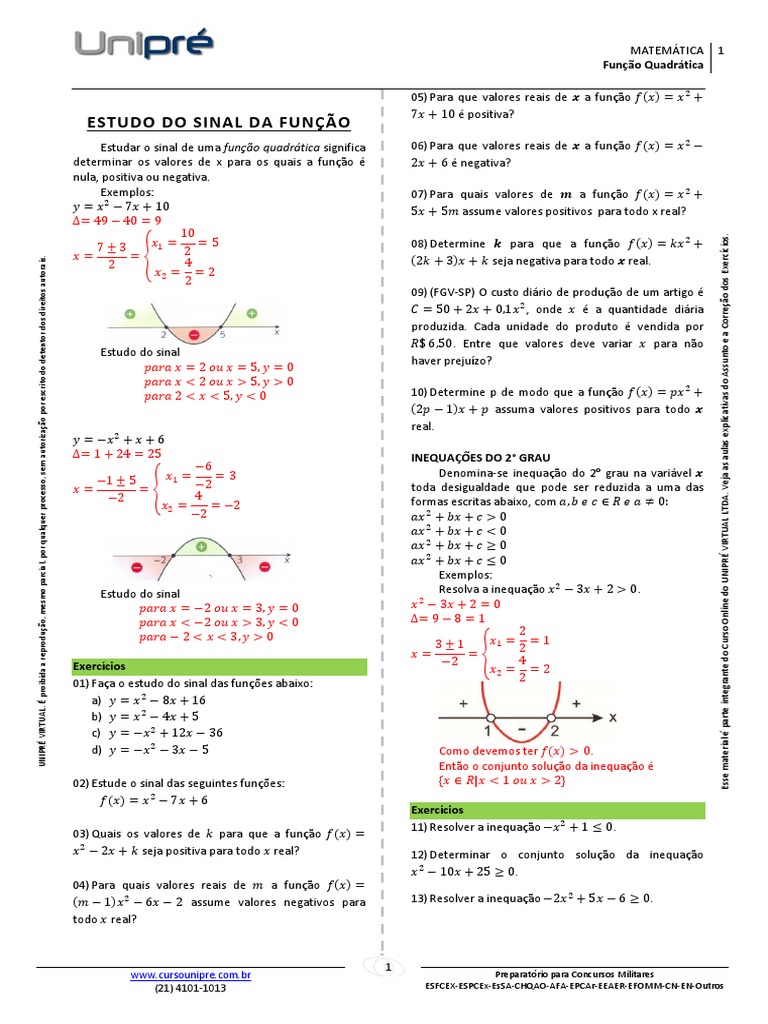 Estudo do Sinal da Função Quadrática | PDF | Domínio de denominação de ...