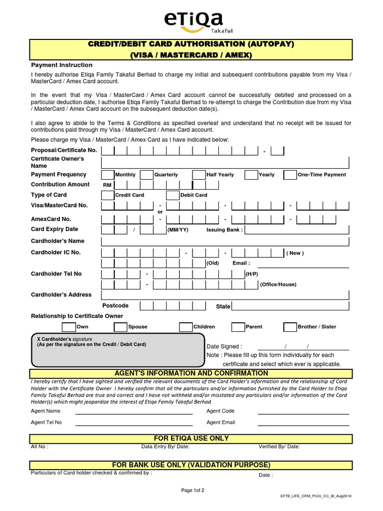 Etiqa Takaful Autopay Authorization Form | PDF | Debit Card | Visa Inc.