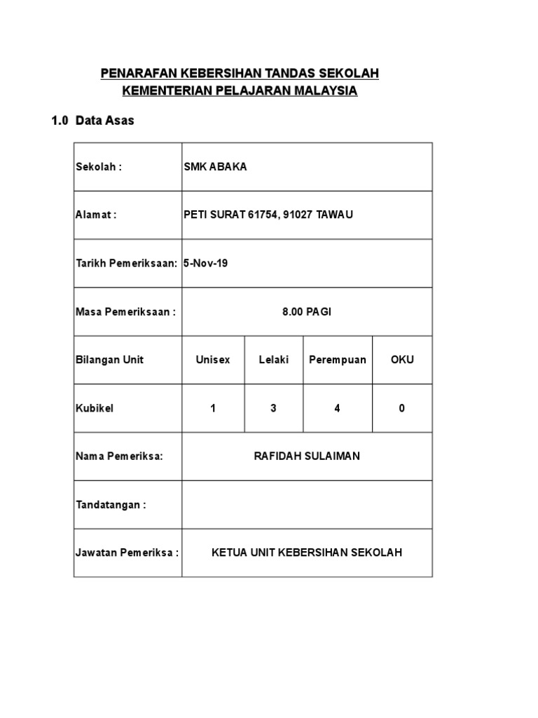 Borang Penarafan Tandas Sekolah | PDF