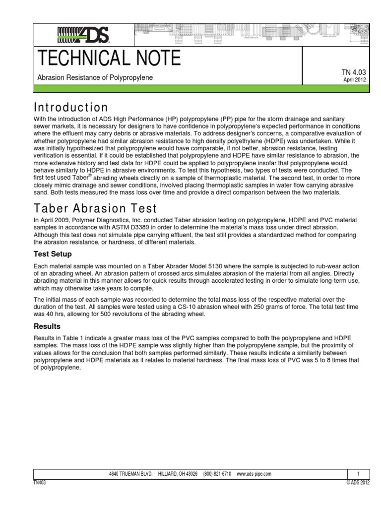 Abrasion Resistance of Polypropylene (Tech Note A4.03) PDF Wear
