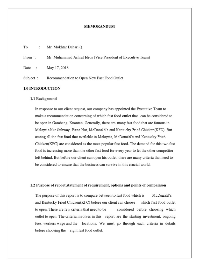 Fast Food Outlet Recommendation Report | PDF | Fast Food Restaurants | Fee