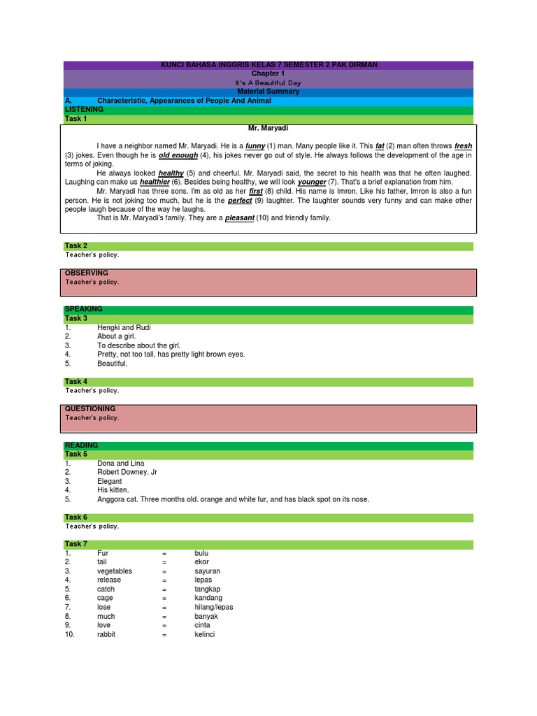 Soal Bahasa Inggris Kelas 7 Chapter 5 Its A Beautiful Day