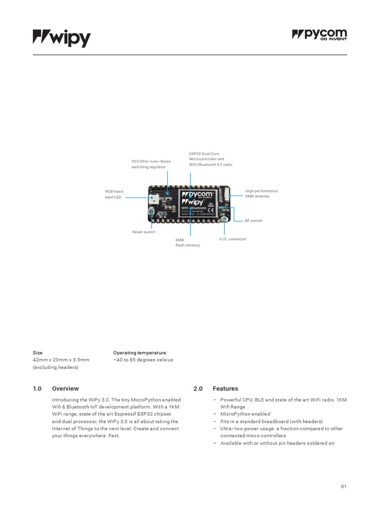 Pycom 002 Specsheets WiPy3.0 v2 | PDF | Ieee 802.11 | Random Access Memory