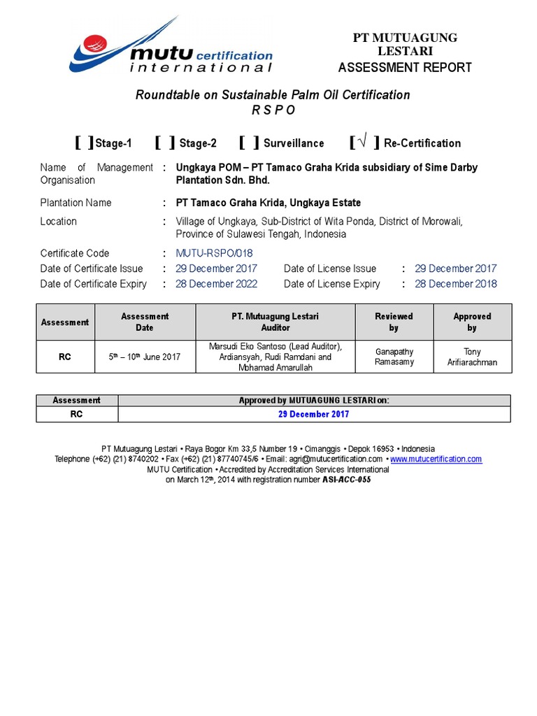 Pt Tamaco Graha Krida Ungkaya Pom Recertification Summary Report Pdf Palm Oil Business