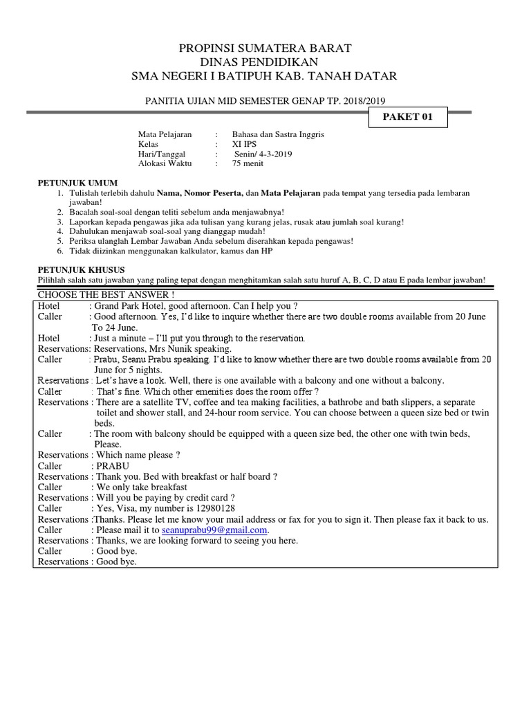 Soal B Dan Sastra Ing Kelas Xi Mid Smt2 Pkt 1