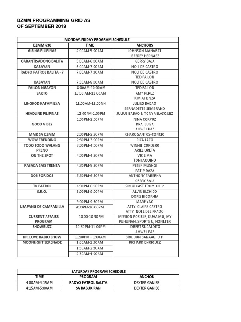 DZMM September 2019 Program Schedule | PDF | Broadcast Journalism ...