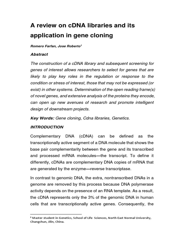 cDNA Libraries and Gene Cloning | PDF | Molecular Cloning ...