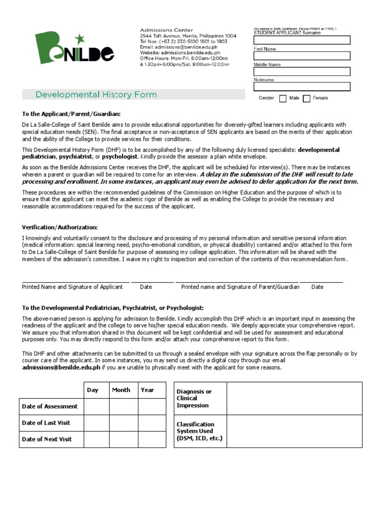 Benilde Developmental History Form | PDF | International Statistical ...