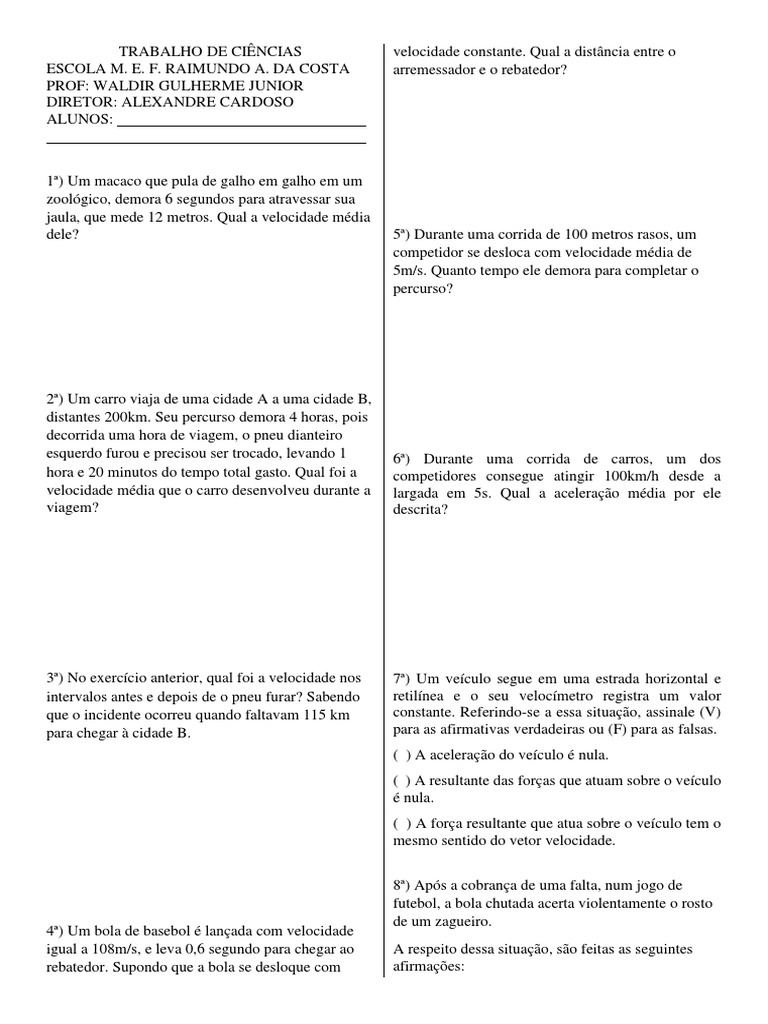 TRABALHO DE CIÊNCIAS (Velocidade Média) Leis de Newton, PDF, Leis do  Movimento de Newton