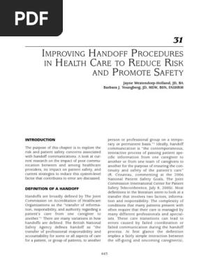 K 15 - Chapter 31. Improving Handoff Procedures in Health Care to Reduce Risk and Promote Safety
