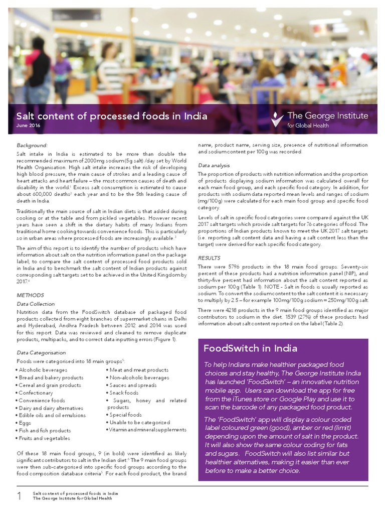 Salt Content of Processed Foods in India June 16 PDF | PDF | Salt ...