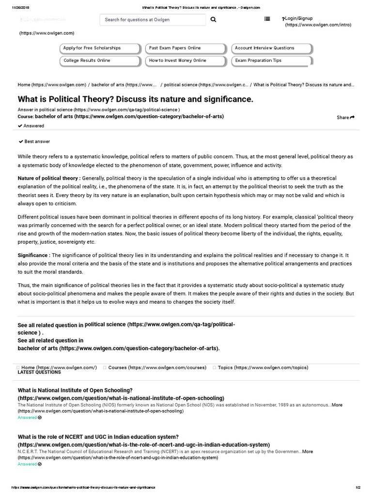 What Is Political Theory Discuss Its Nature and Significance. PDF