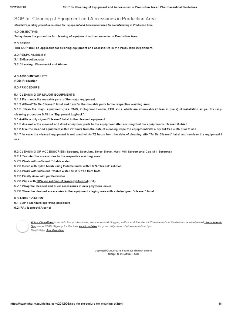 SOP For Cleaning of Equipment and Accessories in Production Area