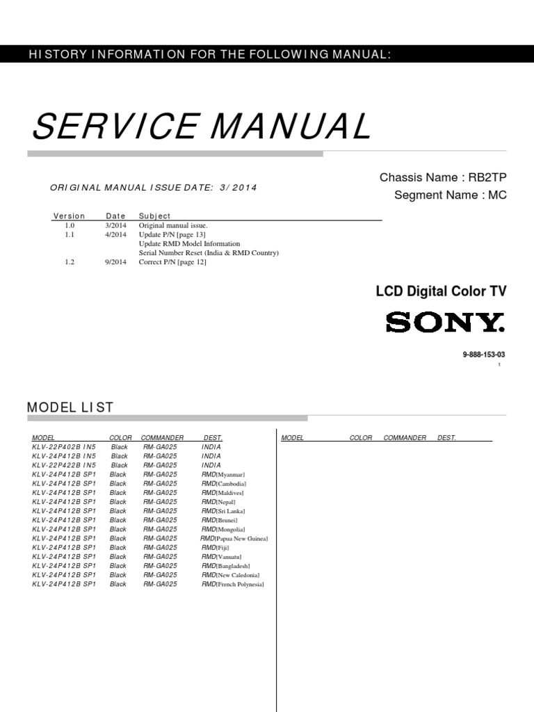 Sony klv22p402b klv24p412b klv24p422b In5 sp1 Chassis rb2tp PDF
