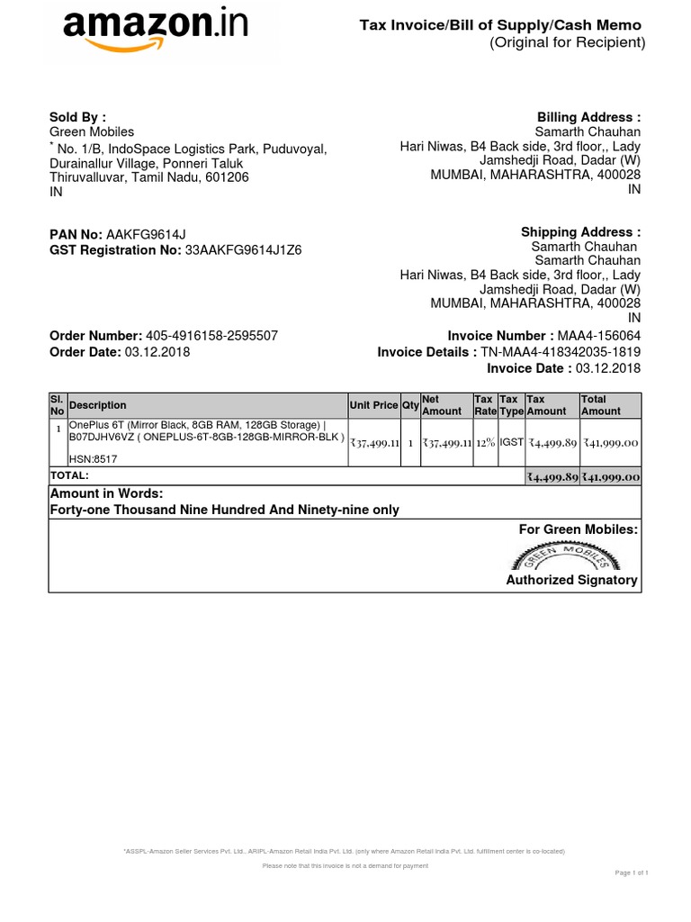 Tax Invoice for OnePlus 6T Purchase | PDF | Invoice | Government Finances
