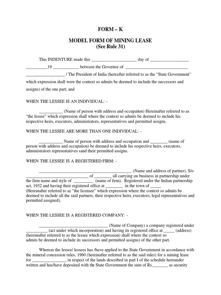Model Mining Lease Agreement Form | PDF | Royalty Payment | Lease