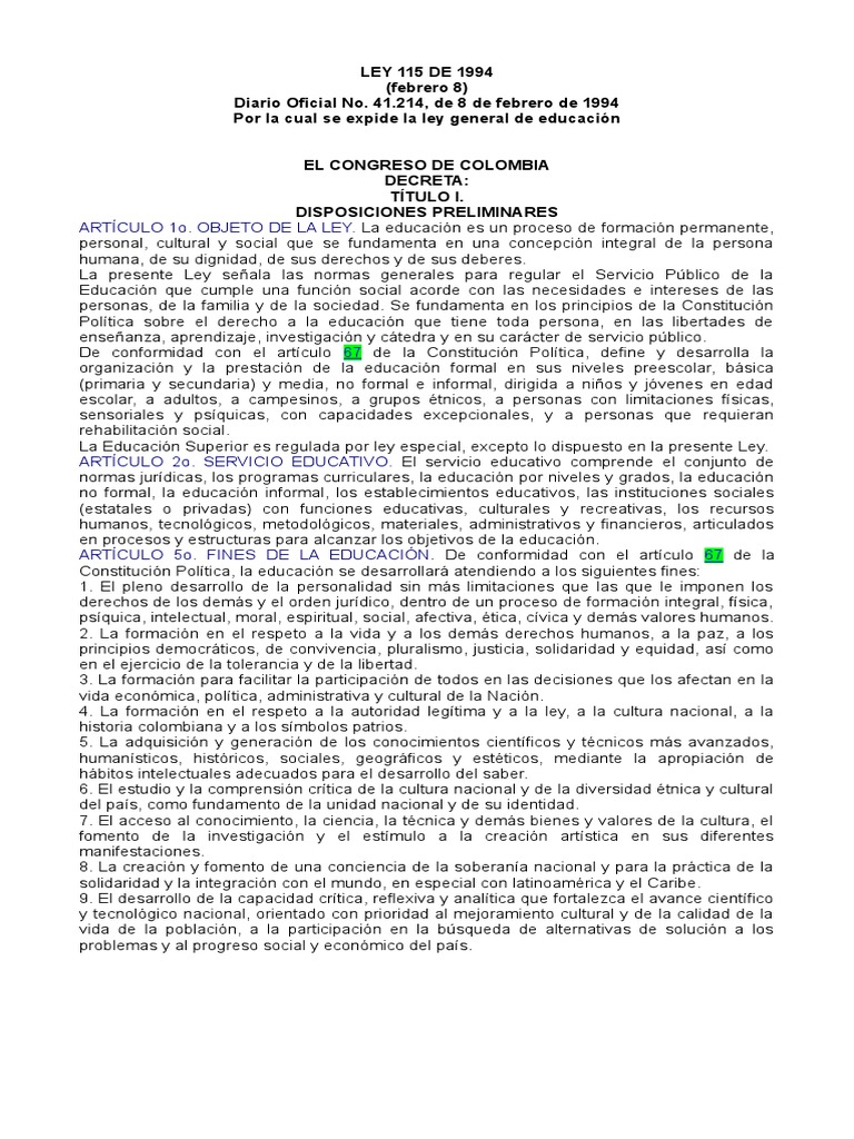 Ley General de Educación en Colombia | PDF | Educación primaria ...