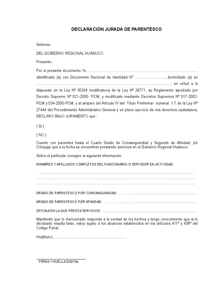 Declaración Jurada de Parentesco | PDF