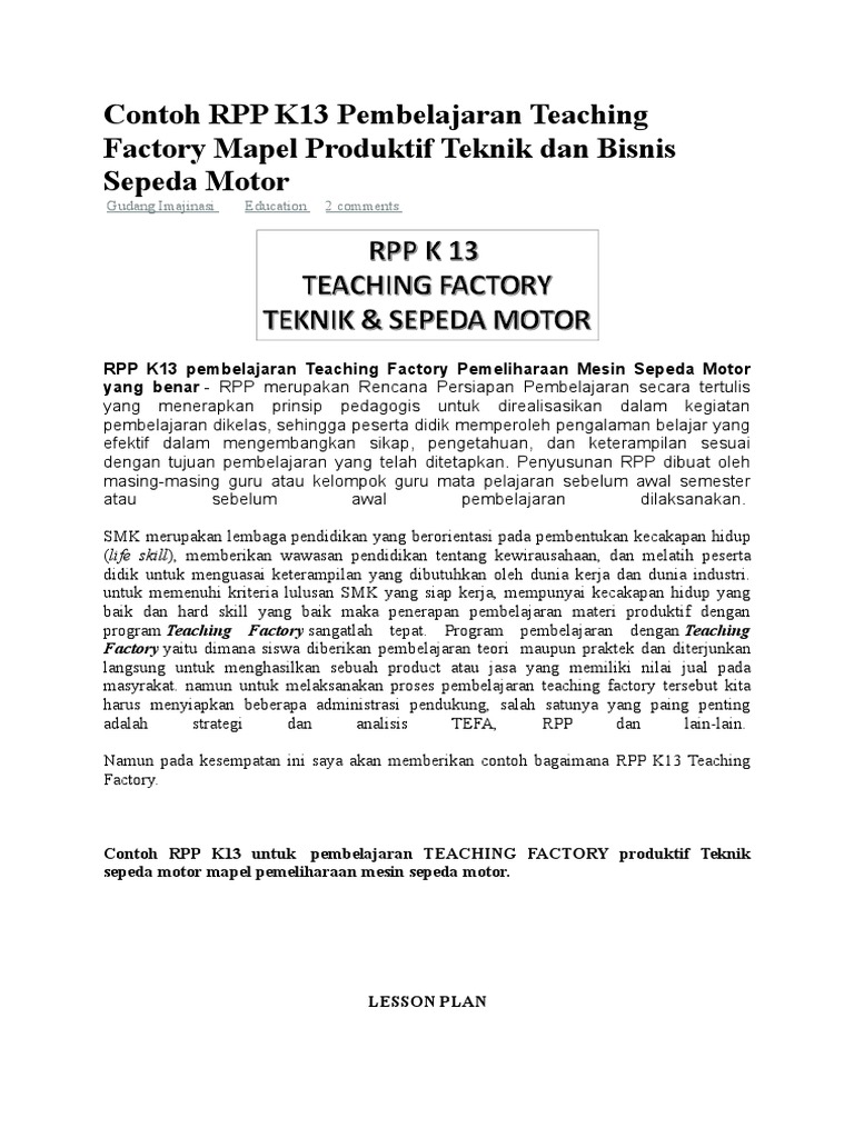 Contoh Rpp K13 Pembelajaran Teaching Factory Mapel Produktif Teknik Dan Bisnis Sepeda Motor Docx