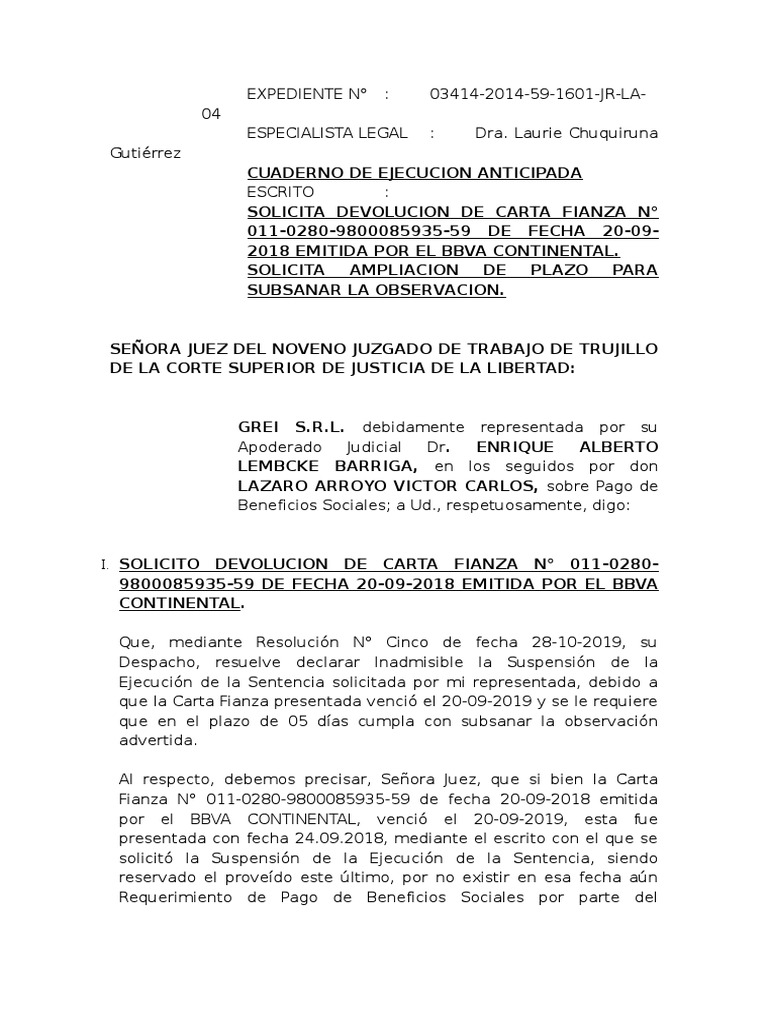 Solicito Devolucion De Carta Fianza Pdf Gobierno Justicia