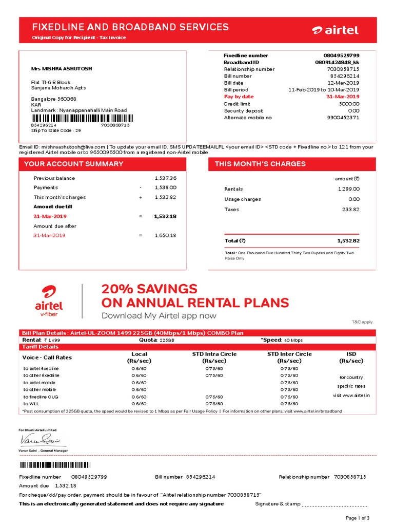 Airtel Broadband Bill Summary March 2019 | PDF | Invoice | Credit Card
