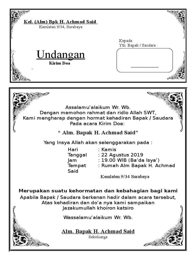 Undangan Kirim Doa Yasin Dan Tahlil PDF