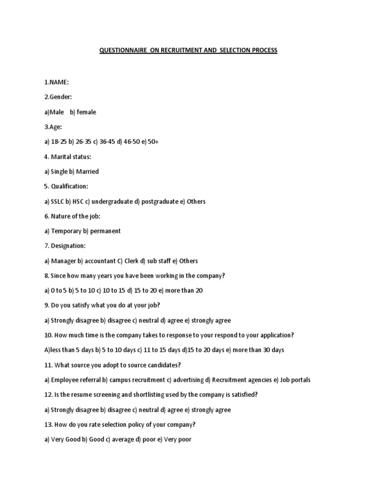 QUESTIONNAIRE On Recruitment and Selection Process | PDF 