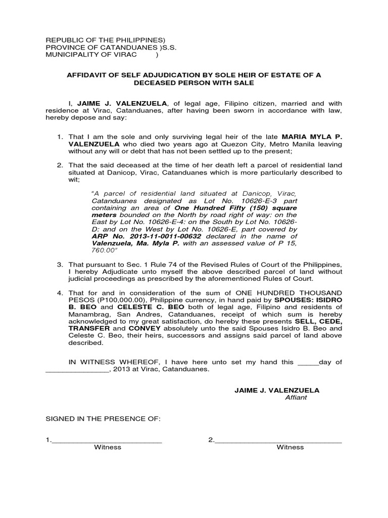 AFFIDAVIT OF SELF ADJUDICATION WITH SALE (Version 1) PDF Affidavit