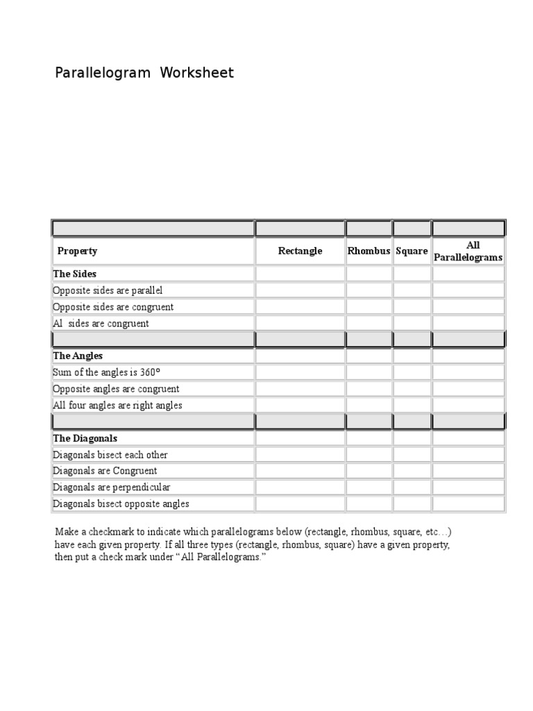 Compare Properties All Parallelograms  PDF With Regard To Properties Of Parallelograms Worksheet