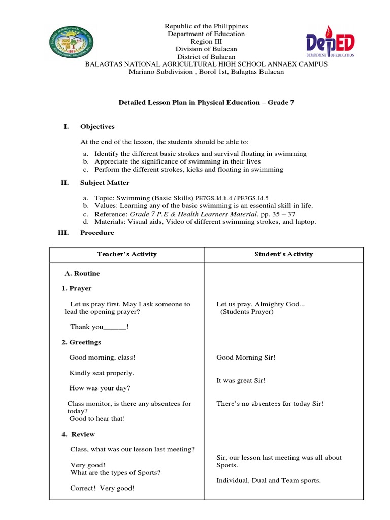 Grade 7 Swimming Lesson Plan | PDF | Physical Education | Learning