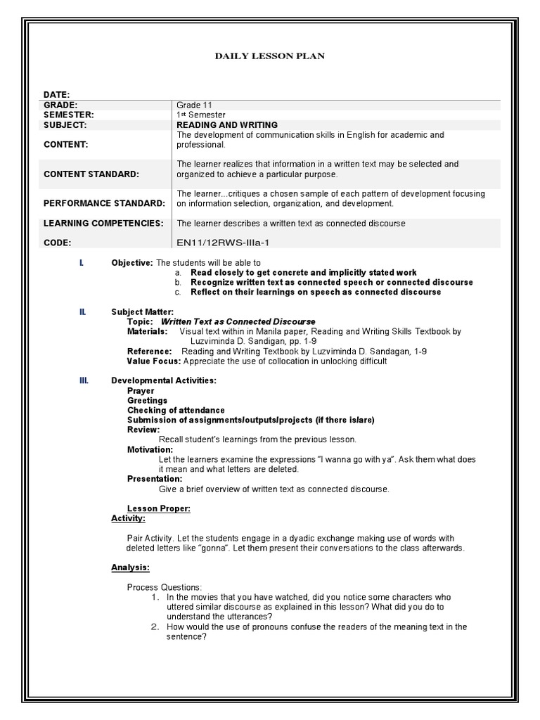 Grade 11 Reading & Writing Lesson 1 | PDF | Lesson Plan | Word