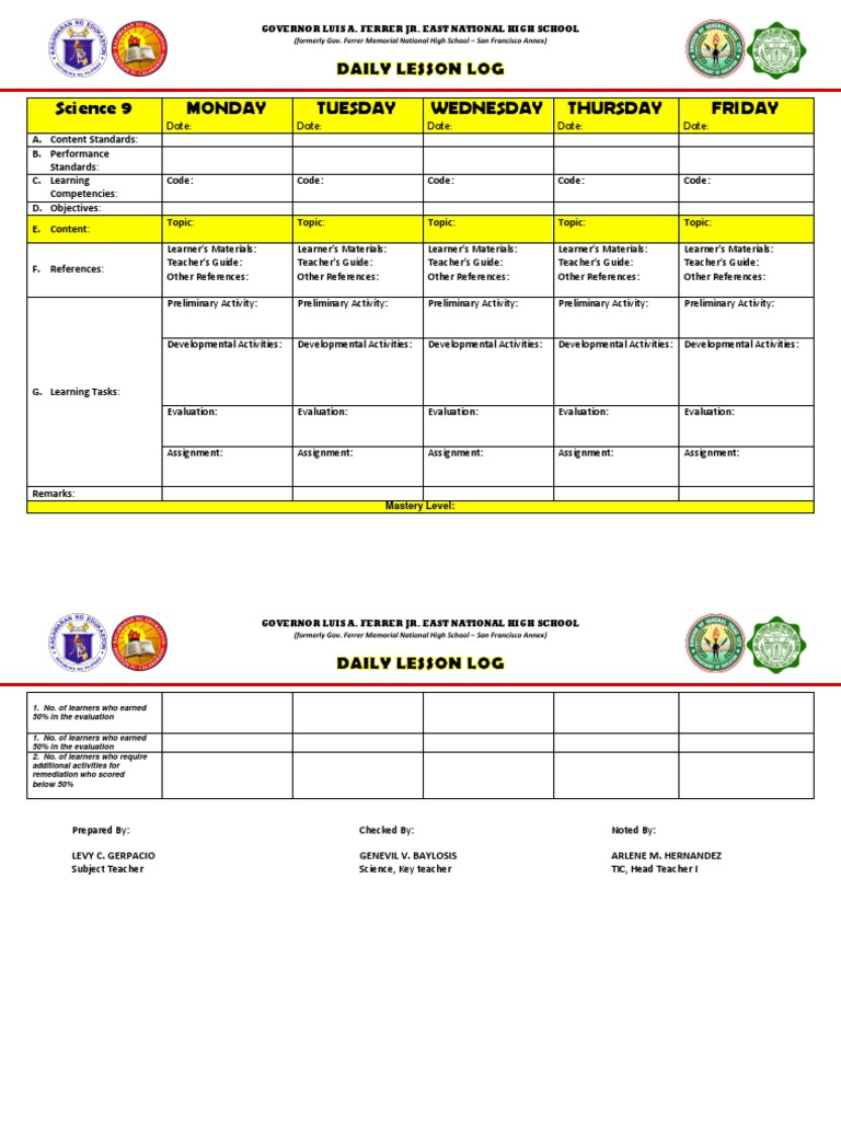 Science 9 Daily Lesson Log Template | PDF | Psychological Concepts ...