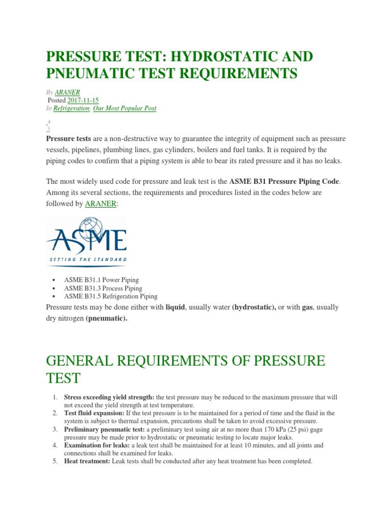 Hydrostatic & Pneumatic Test Guidelines | PDF | Leak | Pressure