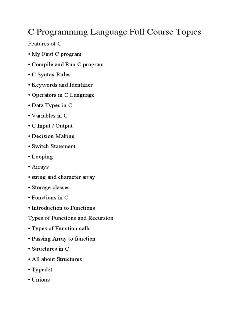 C Programming Language Full Course Topics | PDF