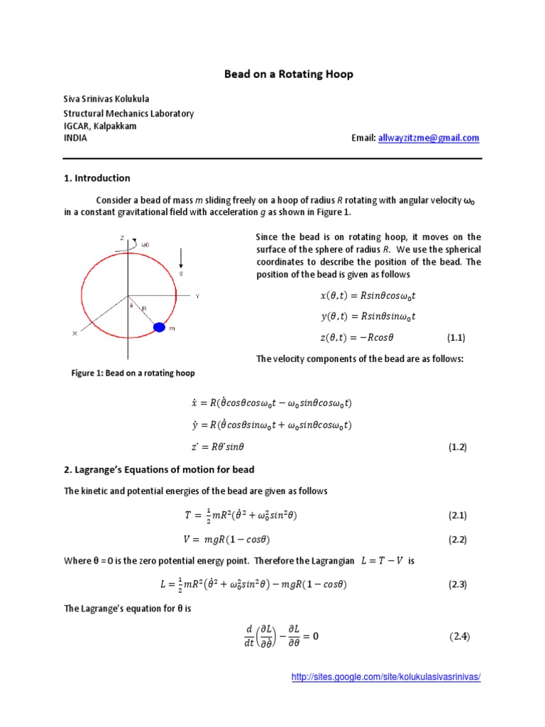 Bead On Rotating Hoop PDF Lagrangian Mechanics Equations Of Motion