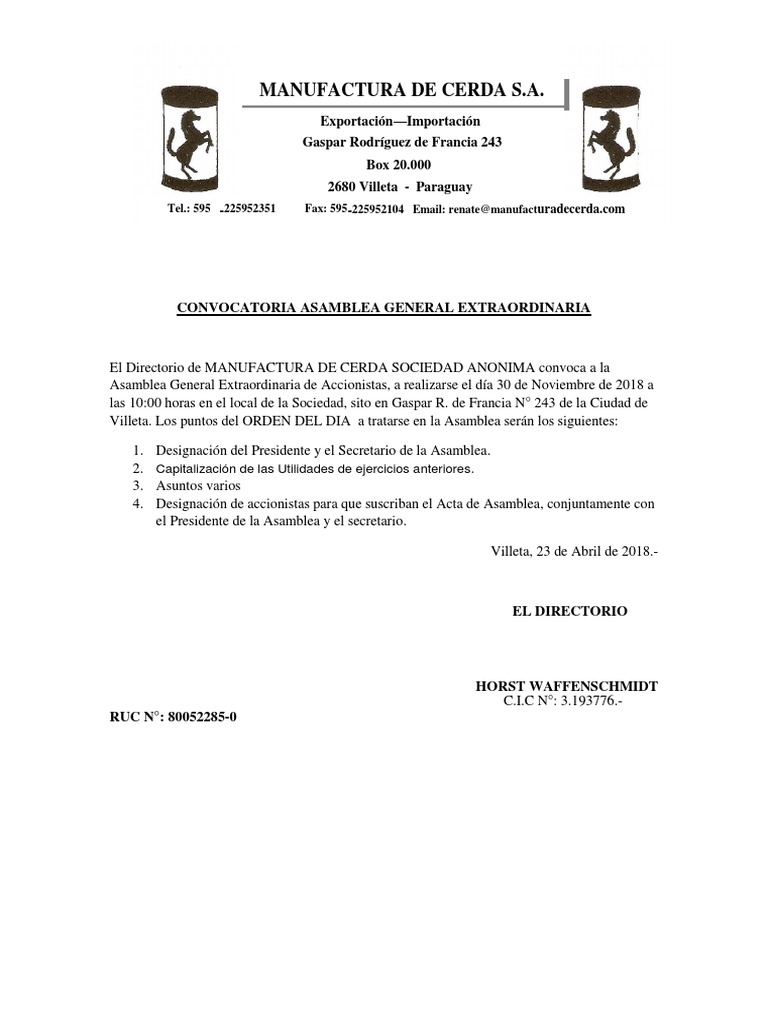 CONVOCATORIA ASAMBLEA GENERAL extraORDINARIA-capitalizacion | PDF