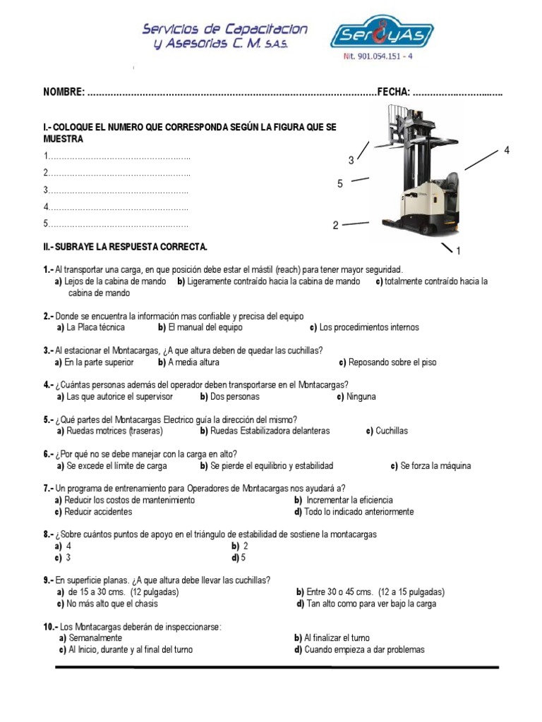 Examen Teórico de Montacargas con Preguntas | PDF | Máquina elevadora | Vehículos