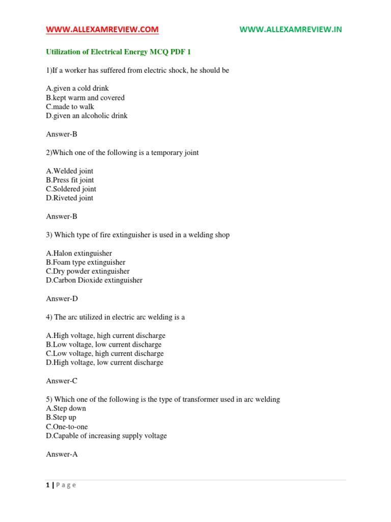 Utilization of Electrical Energy MCQ PDF PDF Direct Current