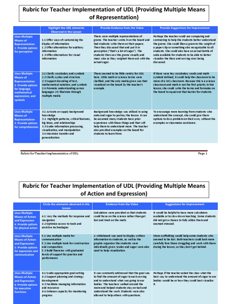 6th Grade Udl Rubric Julia Gleason PDF Information Rubric (Academic)