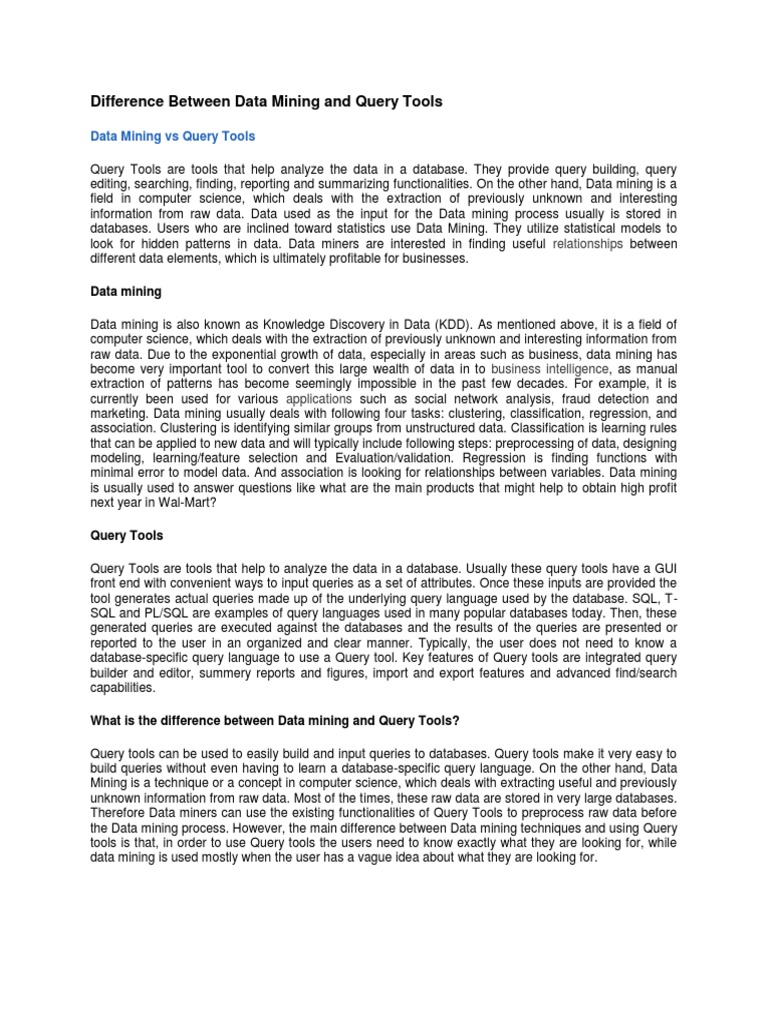 Data Mining vs Query Tools Explained | PDF | Data Mining | Databases
