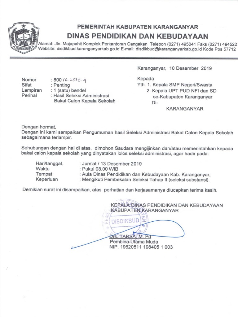 Pengumuman Hasil Seleksi Administrasi Bakal Calon Kepala Sekolah Tahun