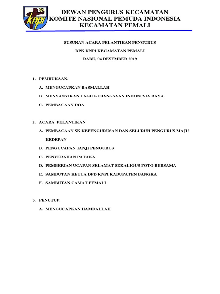 Susunan Acara Pelantikan