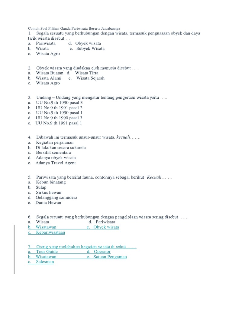 Soal Pilihan Ganda Pariwisata Beserta Jawabannya