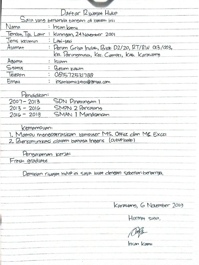 Contoh Cv Tulis Tangan Pdf