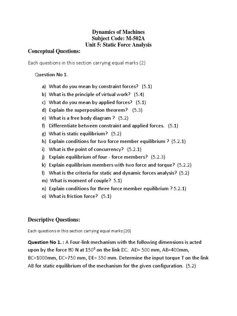 DOM Unit-5-Static Force Analysis (NW) | PDF | Force | Classical Mechanics